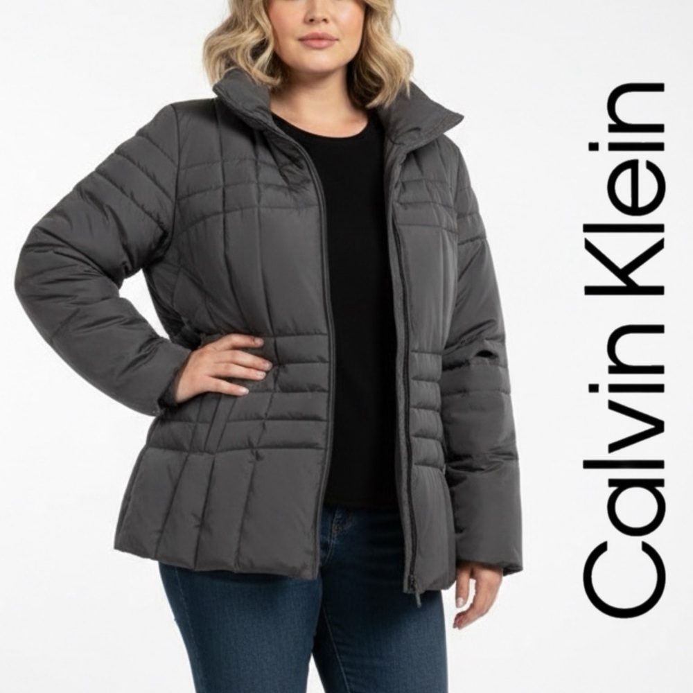 Calvin Klein Women’s Gray Hooded Duck Down Puffer Winter Coat Full Zip Sz 3X 326
